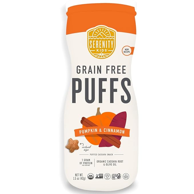 Serenity Kids 6+ Months Grain Free Puffs Toddler & Baby Snack | No Added Sugar, Gluten & Rice Free, Allergen Free | Made with Organic Cassava, Veggies, and Herbs | Pumpkin & Cinnamon | 1 Count