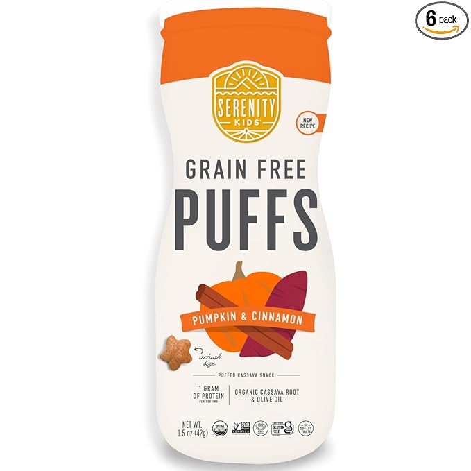 Serenity Kids 6+ Month Grain Free Puffs Toddler & Baby Snack - No Added Sugar - No Gluten or Rice - BPA & Allergen Free - With Organic Cassava, Veggies & Herbs - Pumpkin & Cinnamon - 6 Count