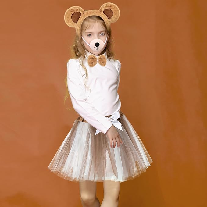 Zhanmai 5 Pcs Carnival Animal Costume Kid Bear Puppy Dog Pup Kangaroo with Tutu Ear Headband Bowtie Tail Paws for Boys Girls