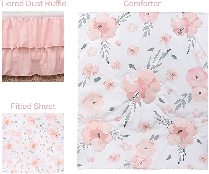 PINNKKU 3-Piece Crib Bedding Set for Boy Girls, Includes Crib Skirt, Blanket, Sheet, Baby Bedding, Floral, Mini Size