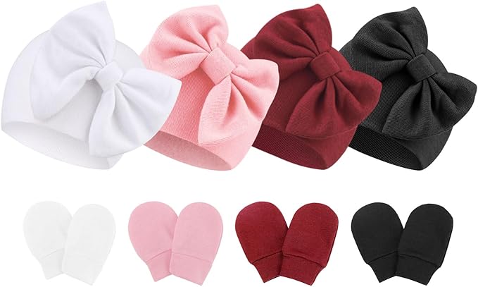 BQUBO Newborn Baby Hats Mittens Set Hospital Hat Beanie Infant Bow Hats Baby Gloves No Scratch Mittens for 0-6 Months