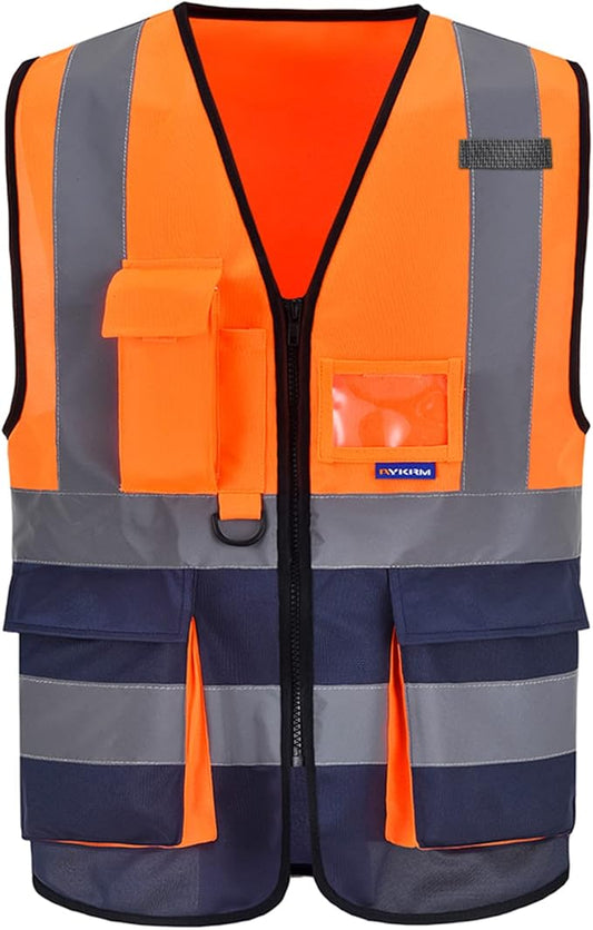 A-SAFETY High visibility vest,Reflective Safety Vest Workwear 7 Pockets Hi Vis Durable Vest with Reflective Tapes 4 Lower Pockets,Orange&Navy XXXL