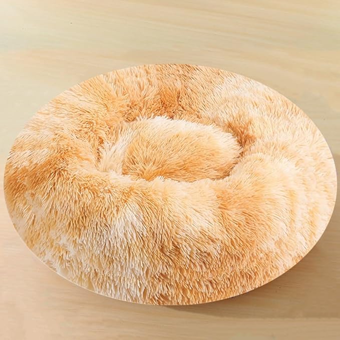 Calming Donut Dog & Cat Bed, 36 Inch Round Fluffy Dog Beds for Small Medium Large Dogs and Cats Anti-Anxiety, Puppy Bed, Washable Round Cozy Soft Pet Bed (Yellow White)