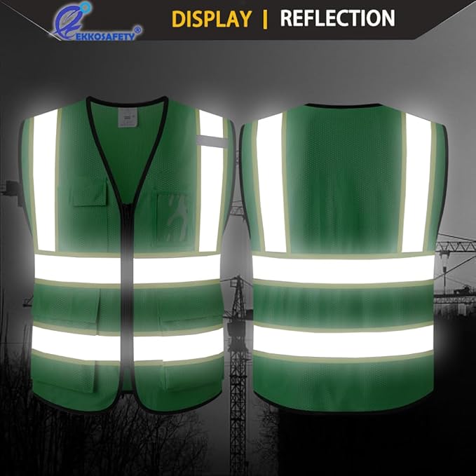 Reflective Mesh Safety Vest for Men Women with 5 Pockets and Zipper Front High Visibility Mesh Vest Hi Vis Construction Work Vest,Meets ANSI/ISEA Standards(EK175-Green-S)