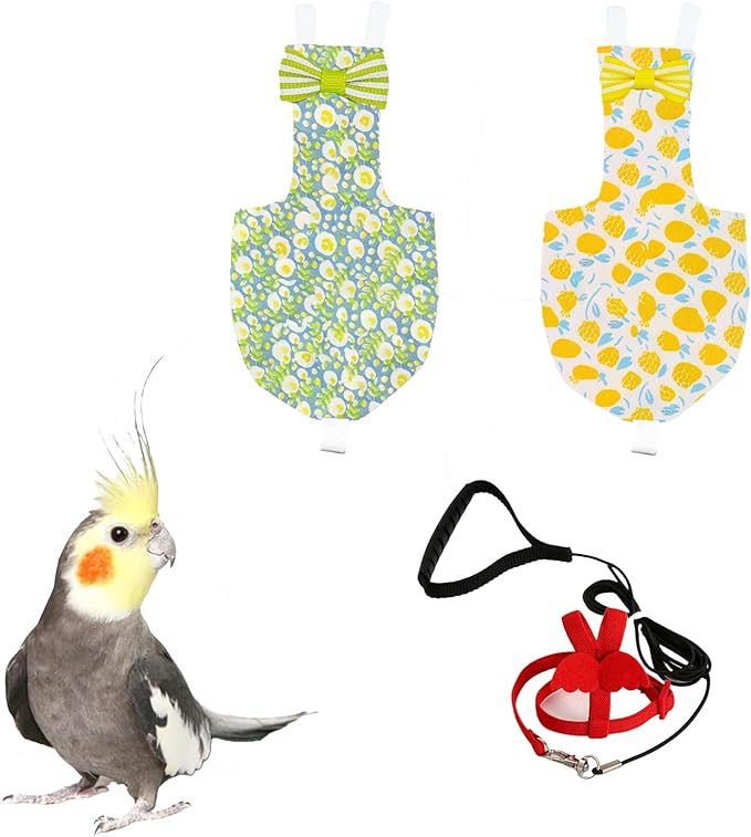 UKJENT Bird Diaper with 78 Inch Flying Leash - 2 Pack, Reusable Flight Suit with Waterproof Inner Layer, Washable Cute Urine Wet Suit for Cockatiel Monk Parakeet Sun Parakeet Lory(M)