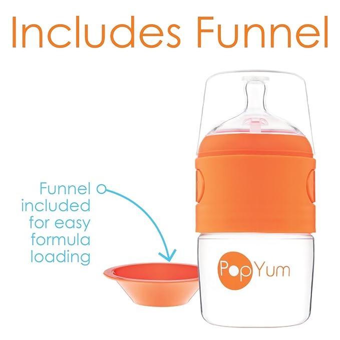 PopYum 5 oz Orange Anti-Colic Formula Making/Mixing/Dispenser Baby Bottles, 2-Pack with #1 Slow Flow Nipples, 150 ml, BPA-Free, Natural Latch