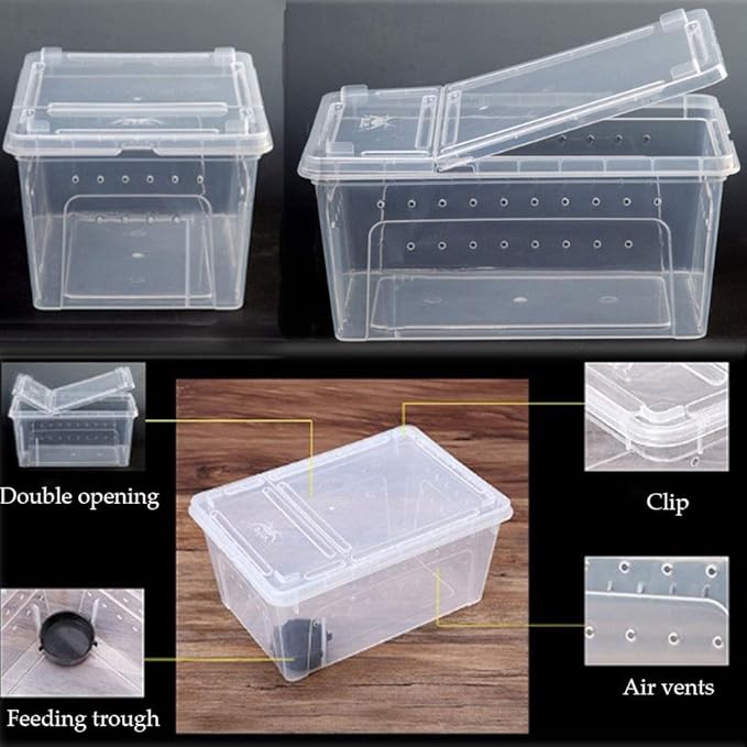 2 PCS Reptile Feeding Box Lizard Tarantula Habitat Cage Hatching Container Snake Breeding Box Transparent Portable Plastic Mini Pet Houses for Scorpion Spider Frog
