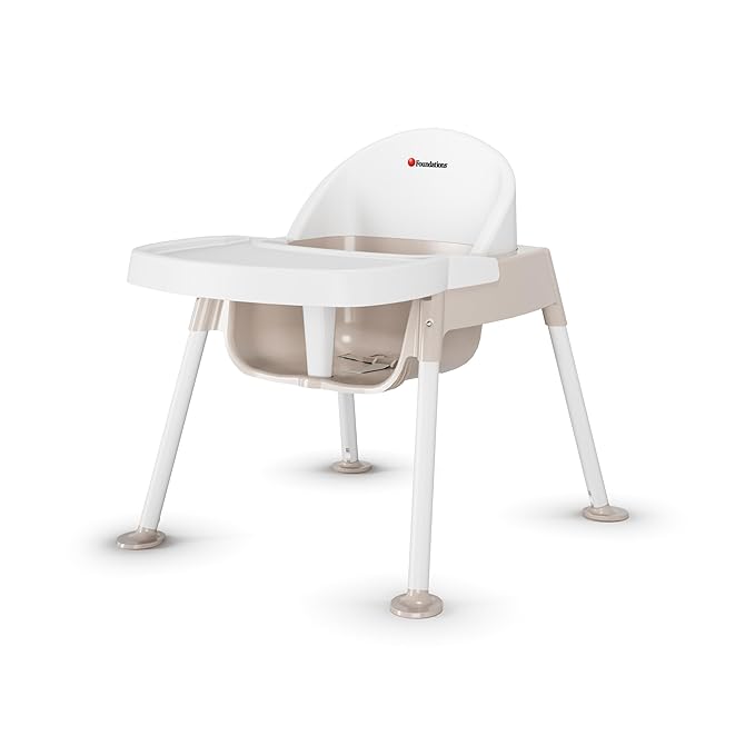 Foundations Secure Sitter 9" Feeding Chair, Stable “No Tip” Feet, 3-Point Adjustable Harness, Removable Tray, Easy to Clean, Smooth Plastic (White/Tan)