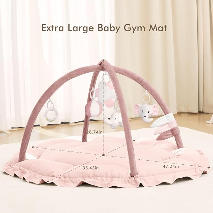 ANGELBLISS 5 in 1 Baby Play Gym Mat, Reversible Tummy Time Mat with 5 Sensory Toys for Stage-Based Developmental, Thick & Large Baby Activity Center from Newborn to Toddler (Purple)