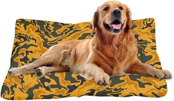 Yellow-Green Swirl Camo Cage Bed for Dog Crate Large Dog Mat Kennel Pad Crate Cushion Washable Non-Slip Washable Bed Kennel Mats for Cages Pillows Indoor Outdoor 24X18 Inch