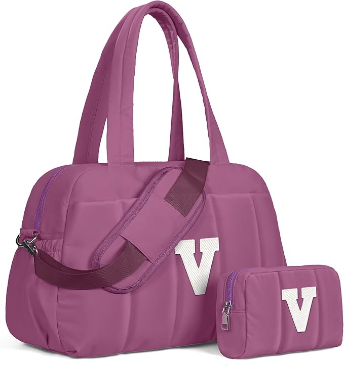 Duffle Bag with Initial, Spend The Night Bags for Women，Sweet Gift-Overnight Bag with Wet Pocket，Lightweight Travel Bags Personalized Gym Tote with Makeup Pouch