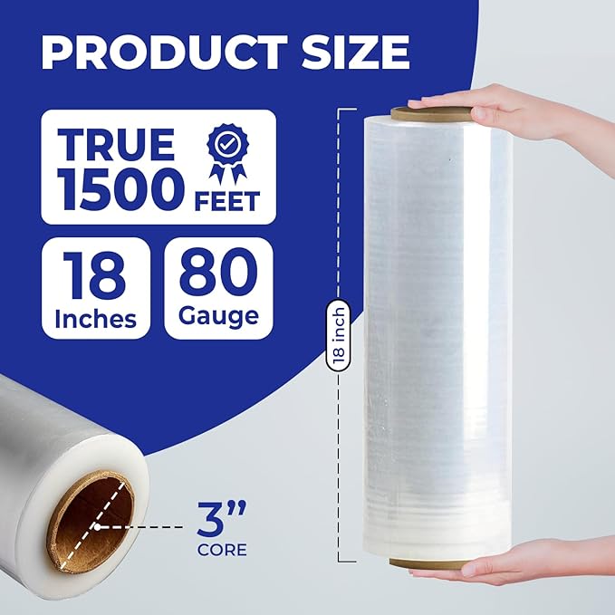 Rosmonde 1 Pack 18" Plastic Wrap, 80 Gauge Thick 9.4 lbs/Roll Wrap, Shrink Wrap, True 1500 ft Pallet Stretch Wrap, 20 Microns Industrial Strength Film, Puncture Resistant for Pallet Wrapping & Moving