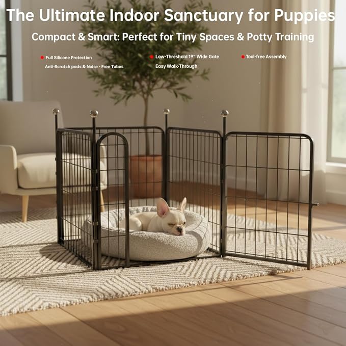 Puppy Playpen, IGOOUO 24'' Portable Dog Playpen with Easy-Carry Straps,4 Panels Dog Pen Play Pen for Small Dogs,Rustproof Pet Playpen for Camping RV Yard(with One Door)
