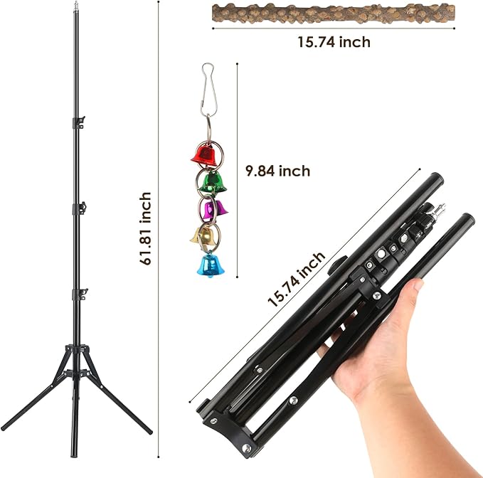 Adjustable Bird Perch Stand, 16-62 Inch Height Adjustable Bird Training Perch Stand with Feeding Cups and Swing Toy, Natural Pepper Wood Parrot Perch Toy for Small Medium Birds Indoor Outdoor Use