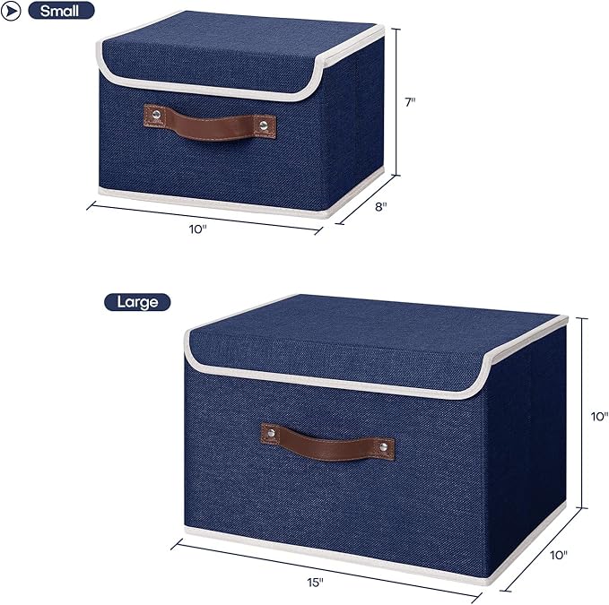 ANMINY Storage Bin with Lid Storage Boxes with PU Leather Handles PP Plastic Board Decorative Foldable Lidded Cotton Linen Fabric Home Cubes Baskets Closet Organizer Container - Blue, Small Size