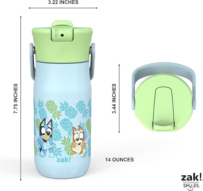 Zak Designs Harmony Bluey Kid Water Bottle for Travel or At Home, 14oz Recycled Stainless Steel is Leak-Proof When Closed and Vacuum Insulated (Bluey, Bingo, Muffin)