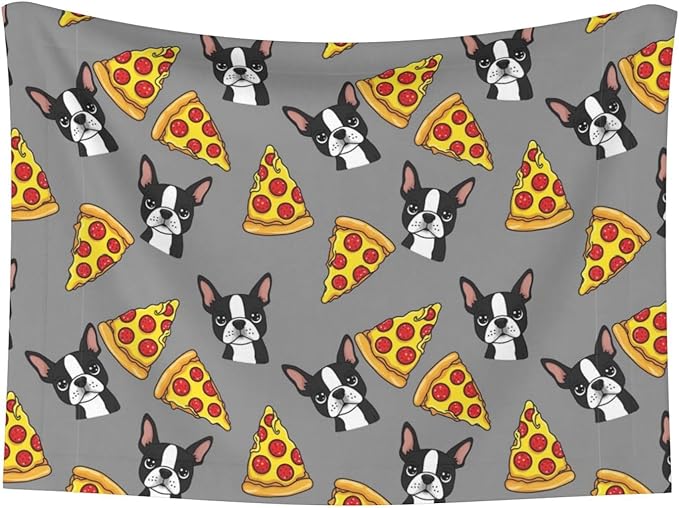 Two Sided Plush Pet Blanket for Crates Carriers Home Use, Grey Boston Terrier Dog Pizza, Reversible Throw with Cozy Dot Fabric and Silky Reverse for Small Large Pets