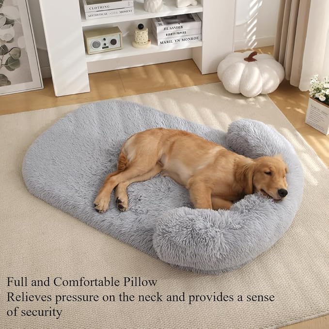 Calming Dog Bed - Fluffy Plush Mat with Removable Washable Cover | Furniture Protector for Large Dogs & Cats(Grey,47.24X29.53X5.91in)