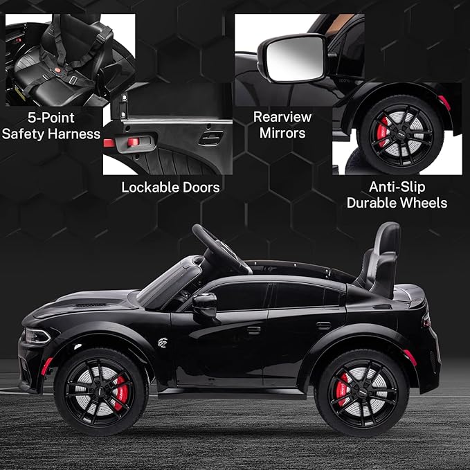 12V 7Ah Kids Electric Ride on Car, Licensed Dodge Charger SRT Hellcat, Battery Powered 4-Wheels Toy Car Electric Vehicle for Kids with Remote Control, 3 Speeds, LED Lights, Music (Black)