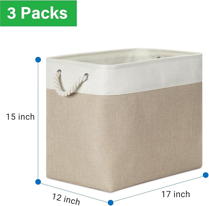 Bidtakay Extra Large Storage Baskets for Organizing 17x12x15.1 inch 3-Pack Fabric Closet Organizers Storage Bins with Handles Foldable Storage Baskets for Shelves Clothes XL-White&Beige