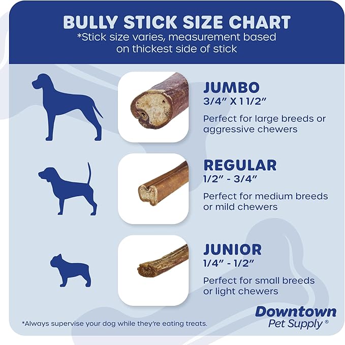 Downtown Pet Supply Jumbo Bully Sticks for Dogs - Natural Beef Chews, Low-Odor & Rawhide-Free, Long Lasting Dog Treats for Aggressive Chewers - Healthy, Safe & Delicious Chews Dogs Love (12" 24 Pack)