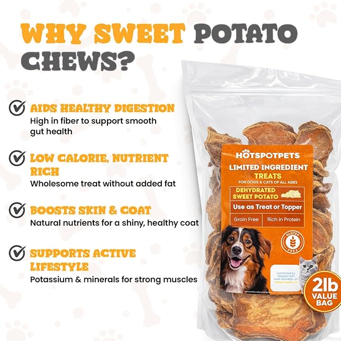 hotspot pets Dehydrated Sweet Potato Dog Treats (2 Pound Bag)- All Natural Rawhide Free, Grain-Free, & High in Fiber- Ideal for Small to Large Dogs - Perfect Dog Chews for Training, or Treat