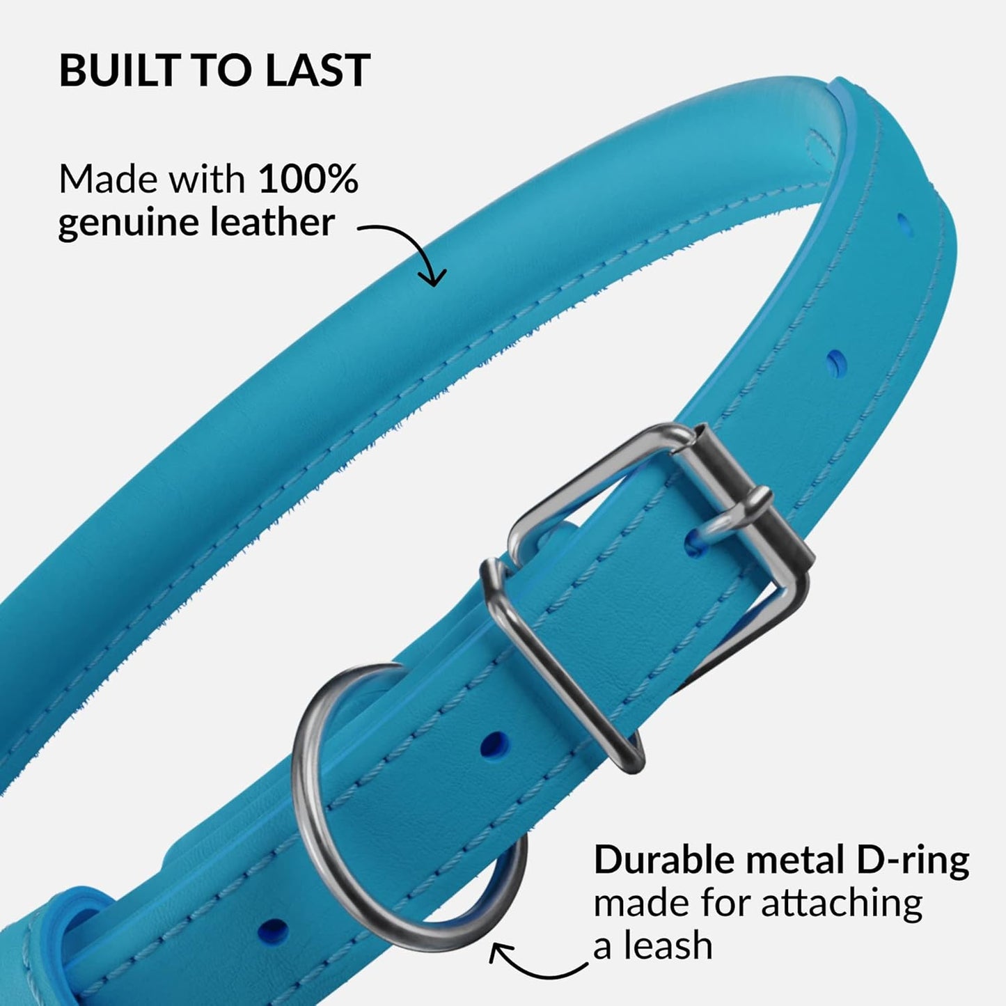 CollarDirect Rolled Leather Dog Collar, Soft Padded Round Puppy Collar, Handmade Genuine Leather Collar Dog Small Large Cat Collars 13 Colors (18-22 Inch, Light Blue Smooth)