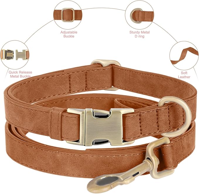 Genuine Leather Dog Collar - Adjustable Pet Collar with Quick Release Metal Buckle, Soft Skin Friendly Real Leather Collar for Small, Medium, Large Dogs (Khaki, M：Fit 12-20" Neck)
