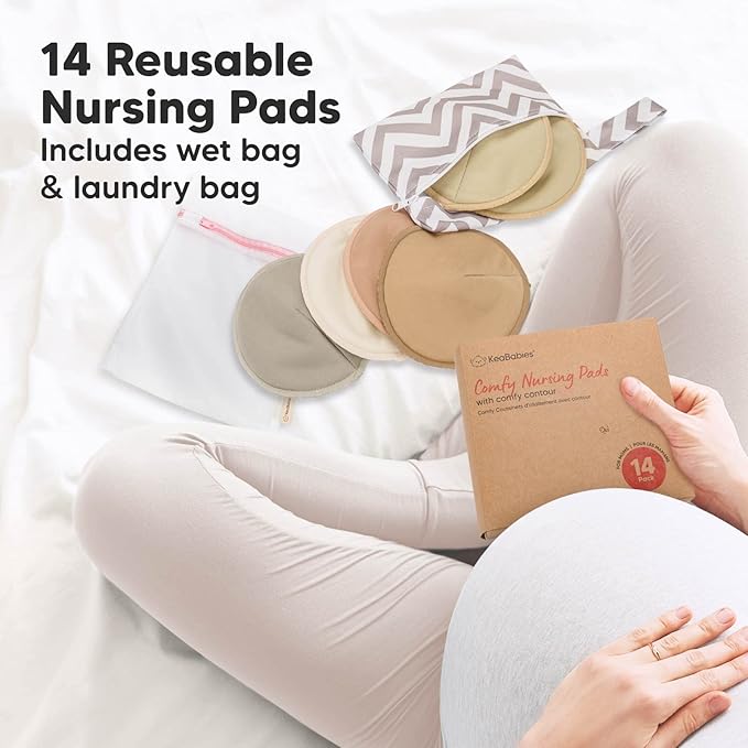 Organic Nursing Pads - 14 Washable Viscose Derived from Bamboo Breastfeeding Pads, Wash Bag, Reusable Breast Pads for Breastfeeding, Nipple Pads for Breastfeeding Essentials(Earth, L 4.8")