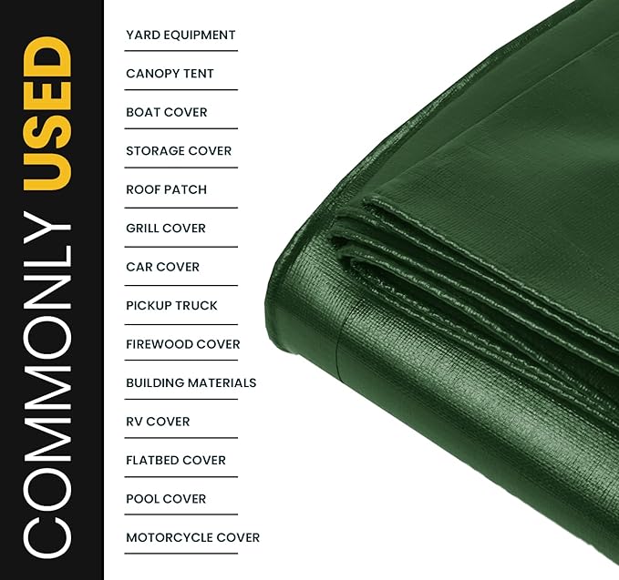 PROTARP Extra Heavy Duty 16 Mil Tarp Cover, Waterproof, UV Resistant, Rip and Tear Proof, Poly Tarpaulin with Reinforced Edges for Roof, Camping, Patio, Pool, Boat. (Green/Black 12′ X 25′)