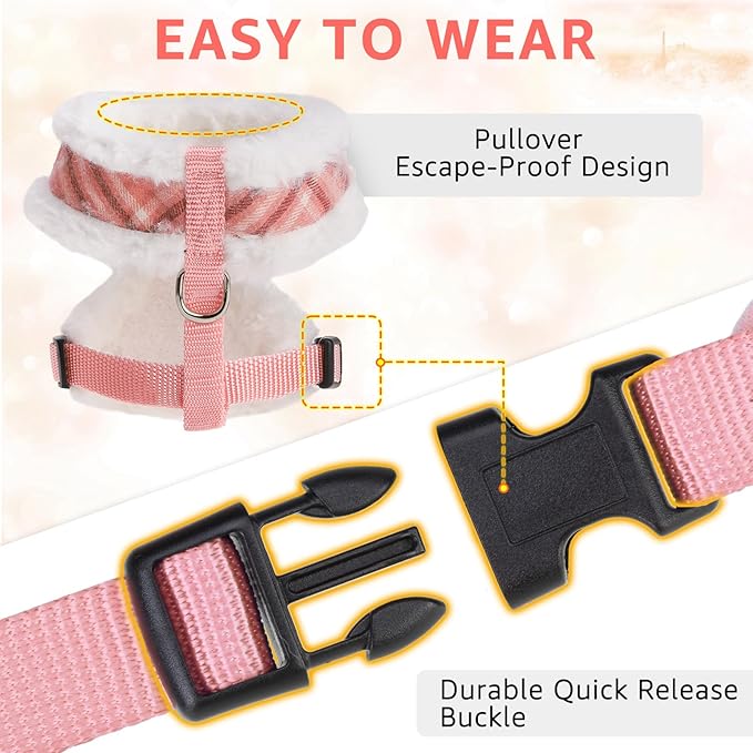 SCENEREAL Small Dog Harness Collar and Leash Set, Mesh Plush No Pull Puppy Vest Harness, Warm Fleece No Chock Small Pet Halter for Outdoor Walking Training, Pink Plaid S