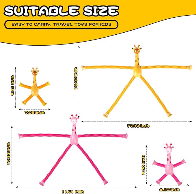 Giraffe Sensory Toys 4Pcs Gift for Toddlers Girls Year Old Ages 3 4 5 6 7 8 9 10, Suction Autism Toy Pop Tube Fidget Toys Autistic Travel Toys Stocking Easter Basket Stuffer Valentine Gift for Kids