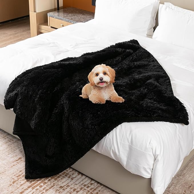 Calming Fleece Cat Blankets Black Waterproof Pets Blanket for Dogs Reversible Long Faux Fur Puppy Throw Blankets(Black,L)