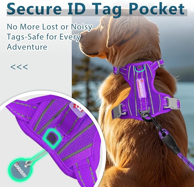BARKBAY Dog Harness No Pull with ID Tag Pocket - Heavy Duty, Reflective, Easy Control for Large Dogs(Purple,L)