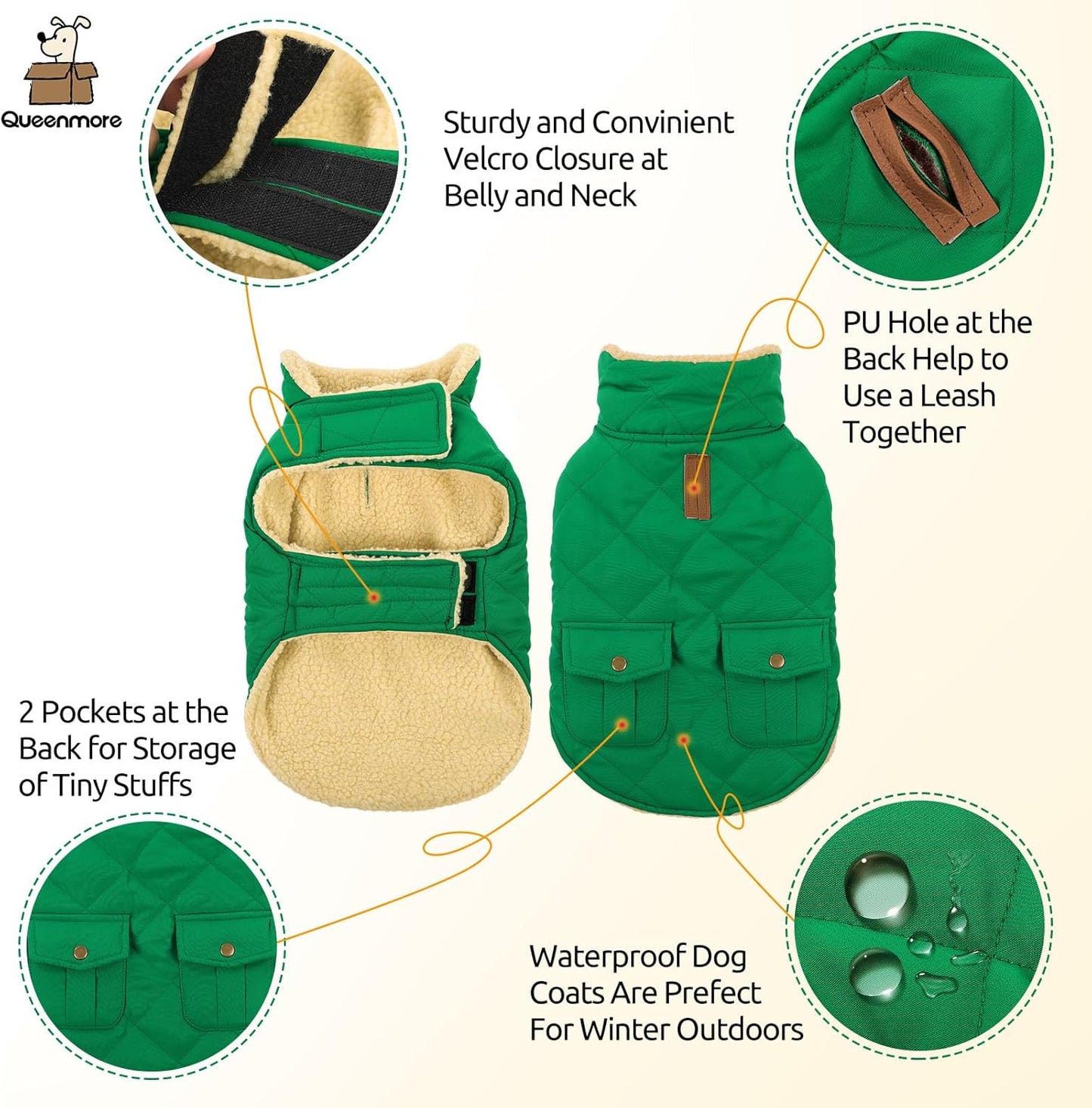 Queenmore Warm Dog Coat, Cold Weather Puffer Dog Coat Vest, Quilting Winter Pet Jacket Ultra Thick Plush Fleece Lining Pet Clothes for Dogs with Storage Pockets (Forest Green,Large)