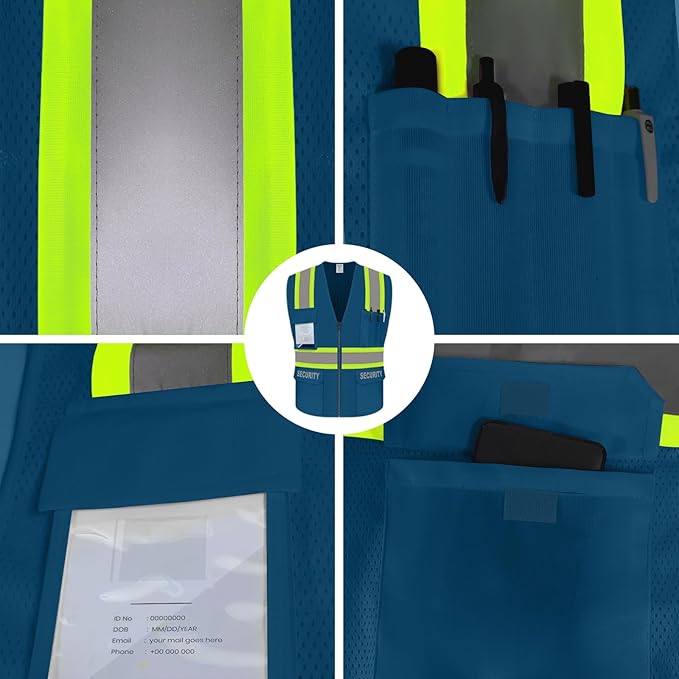 Security Vest for Security Guard, Hi Vis Mesh Vest with Pockets, High Visibility Safety Vest with Reflective Strips, ANSI Compliant, Blue, M
