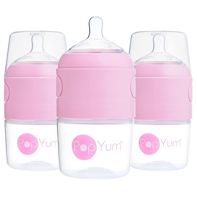 PopYum 5 oz Pink Anti-Colic Formula Making/Mixing/Dispenser Baby Bottles, 3-Pack with #1 Slow Flow Nipples, 150 ml, BPA-Free, Natural Latch