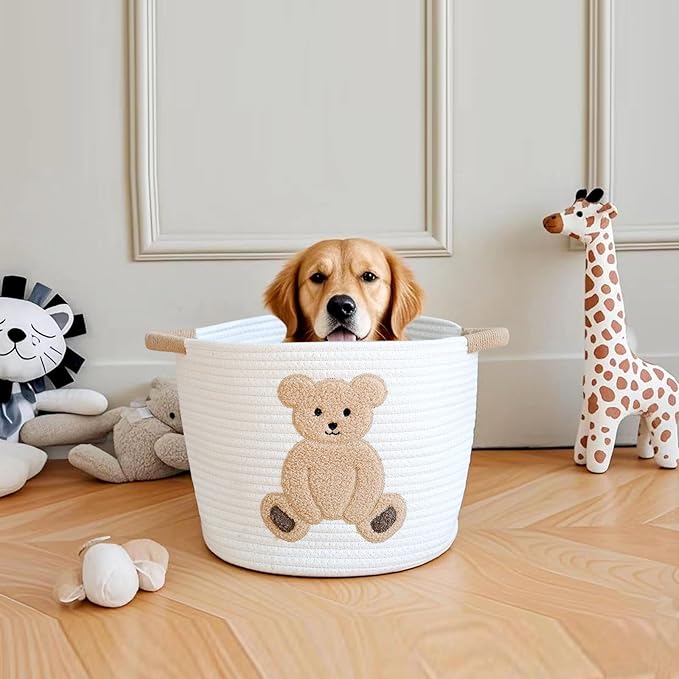 INough Cotton Rope Basket Toy Storage Baskets for kids Laundry Hamper, Gift Basket Empty Baby Shower Baskets with Handles, Cute Bins Blanket Stuffed Animal Storage for Nursery, Living Room Decor, Bear