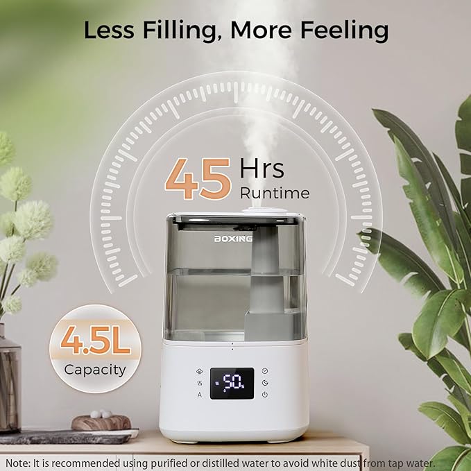 BOXING Warm and Cool Mist Humidifiers for Bedroom Large Room Home, Air Humidifier with Remote, Top Fill Ultrasonic Diffuser Humidifier with humidistat,Quiet Sleep Bedside Nightstand,Timer,Filter,4.5L