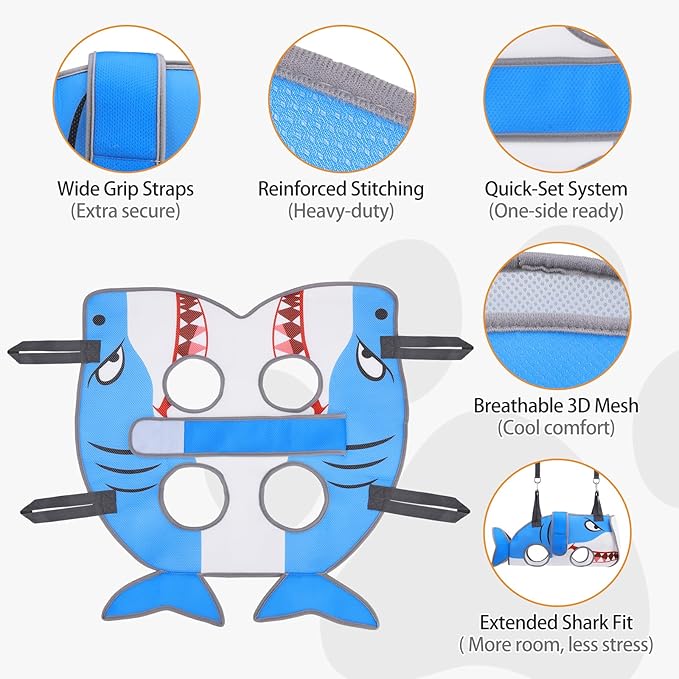 Dog Grooming Hammock for Small Dogs Cats, Cute Shark Design Dog Hanging Harness for Nail Trimming/Clipping, Pet Sling with Grooming Kit and Thick Neck Support & Strap Restraint Claw Care,XS