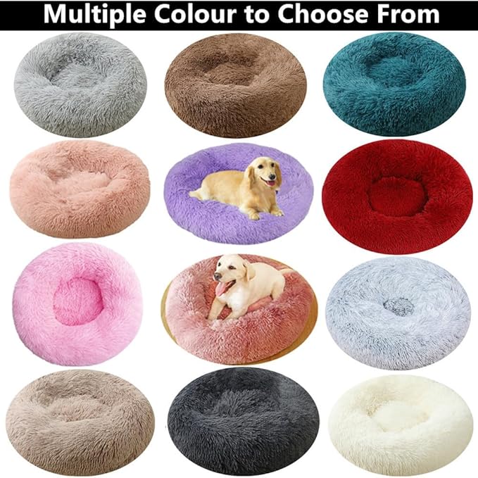 Large Calming Dog Bed, 47 Inch Anti-Anxiety Donut Dog Cuddler Cat Bed, Warming Cozy Soft Dogs Round Bed, Fluffy Faux Fur Machine Washable Pet Cushion for Medium Large Dogs & Cats (White)