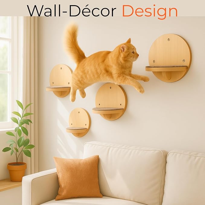 Cat Wall Shelves - Round Floating Cat Wall Steps with Scratch Pads, up to 20Lbs. Saving-Space Decorative Wall-Mounted Cat Furniture for Climbing, Playing & Resting - Solid Natural Wood by INSTINTO