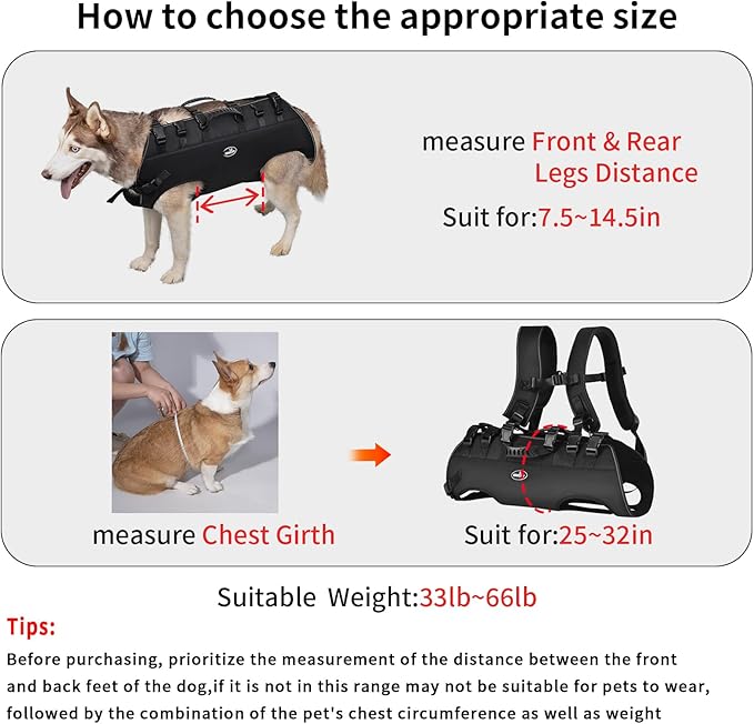 Dog Lift Harness Sling Carrier for Dogs Hind Leg Stair Support Old, Disabled, Joint Injuries, Arthritis, Large Dogs Up and Down Stairs, Cars(33-66 LBS)