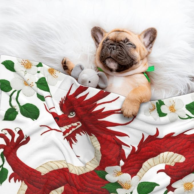 Pet Blanket for Travel and Home, Floral Chinese Japanese Dragon Flower, Reversible Plush Dot Design with Soft Grip Texture on One Side Perfect for Car Seats Moving Vehicles