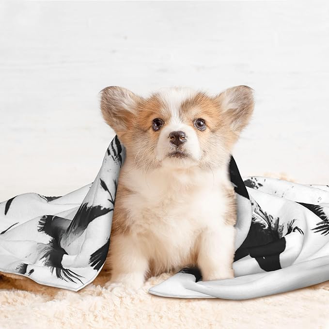 Waterproof Dog Blanket Soft Pet Blanket for Puppy Cat, Fleece Cat Throw Blankets for Furniture Bed Couch Sofa Reversible - Monochrome Flying Ravens