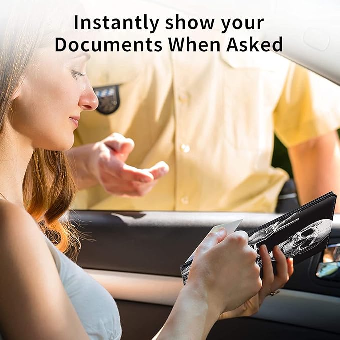 Car Registration and Insurance Holder, Leather Car Glove Box Organizer, Cool Car Accessories for ID, Driver's License Cards & Essential Document,Business Cards,Men&WomenRock Skeleton