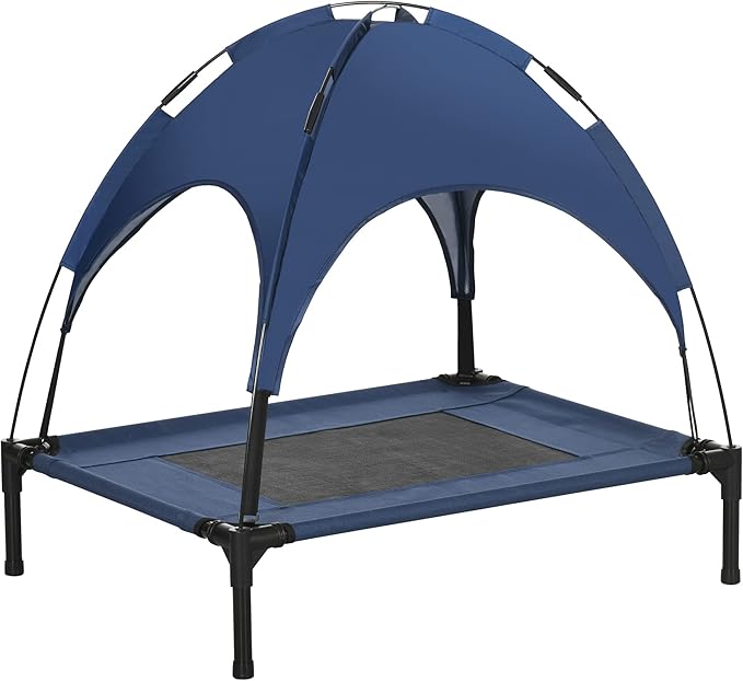 PawHut Elevated Dog Bed with Canopy, Portable Raised Dog Cot for M Sized Dogs, Indoor & Outdoor, 30" x 24" x 29", Dark Blue