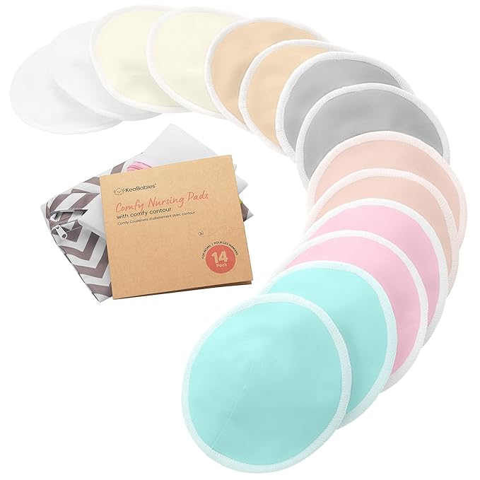 Organic Nursing Pads - 14 Washable Viscose Derived from Bamboo Breastfeeding Pads, Wash Bag, Reusable Breast Pads for Breastfeeding, Nipple Pads for Breastfeeding Essentials(Pastel Touch, M 3.9")