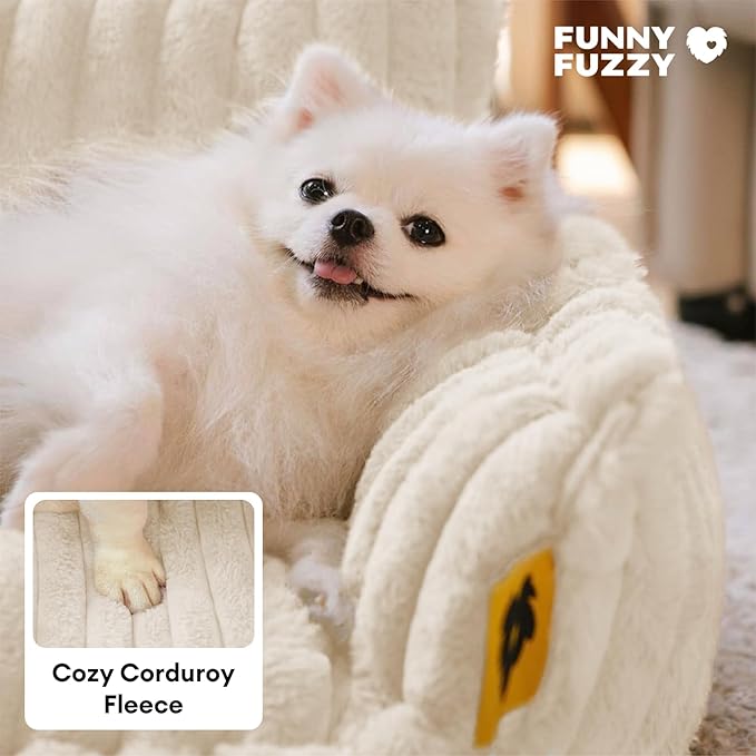 FUNNY FUZZY Dog Bed Orthopedic & Fluffy Dog Couch Bed, Corduroy Fleece Pet Beds Washable, Supportive Foam Pet Sofa Bed with Removable Zipper Cover - Snoozy Dream, White, M