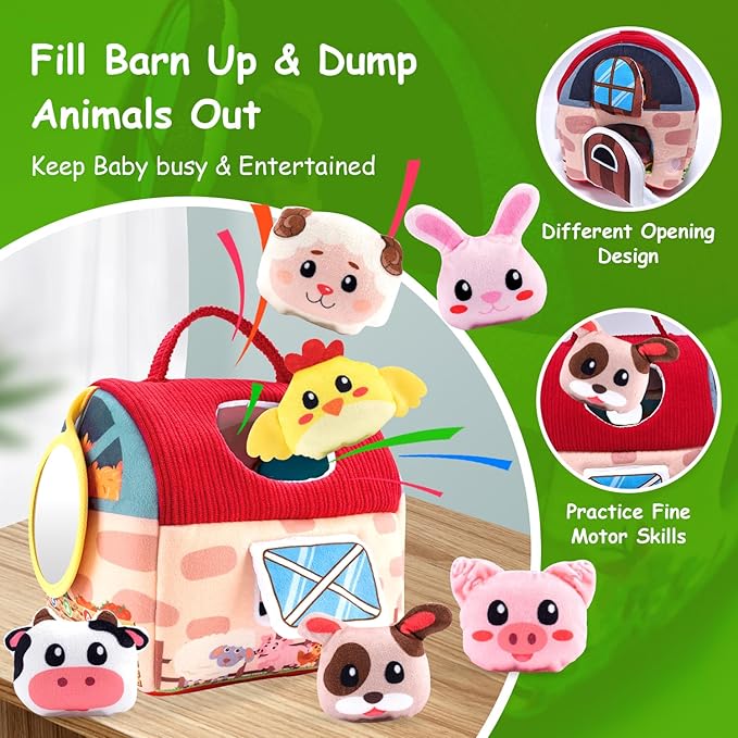 Baby Toys 6-12 Months, Soft Barn Toy with 6 Stuffed Farm Animals, Rattle, Crinkle, Mirror, Sensory Toys for Toddlers 1-3, 6 7 8 9 10 Month Old Baby Toys, Montessori Toys Gift for 1 Year Old Boy Girl